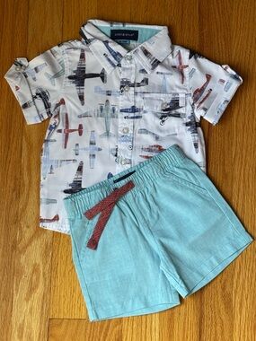 Andy & Evan  Baby Boys White Airplane Print Shirt with Aqua Shorts